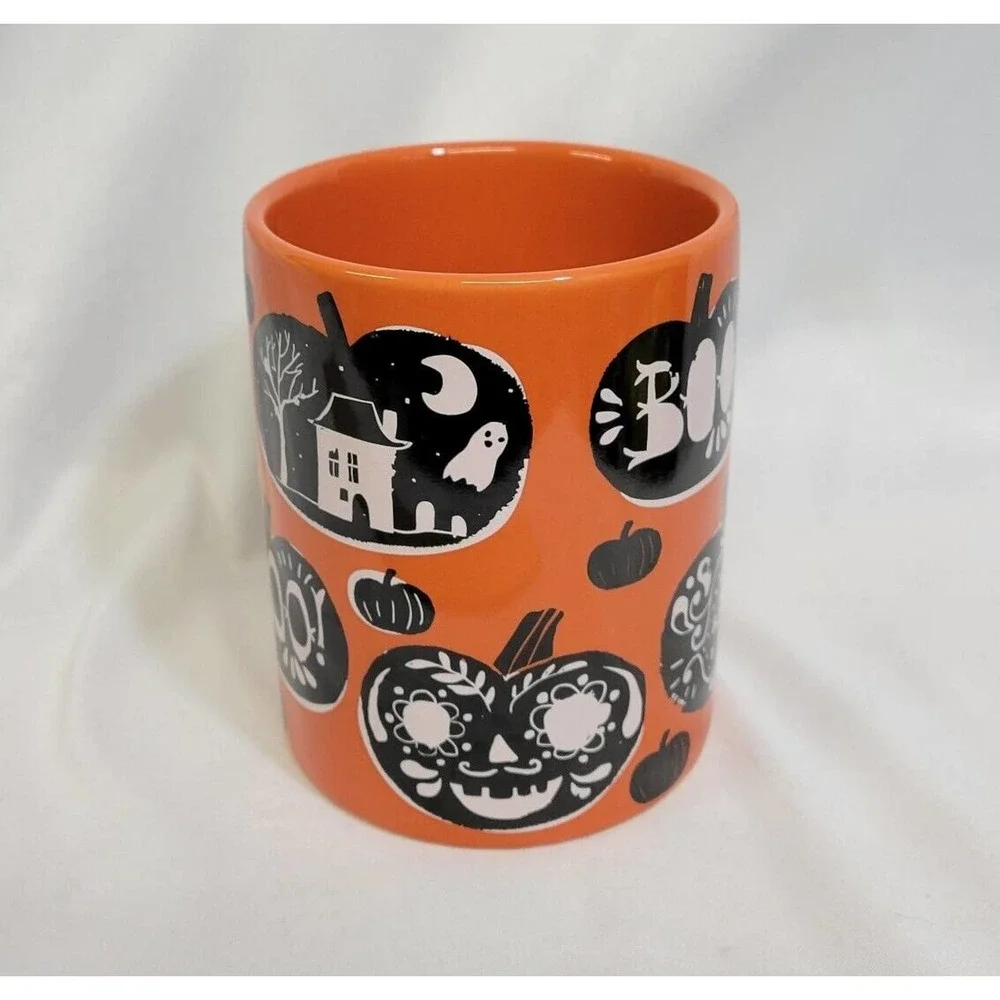 Crate & Barrel Orange Black Halloween Boo Jack-o-lanterns 14 oz Coffee Mug